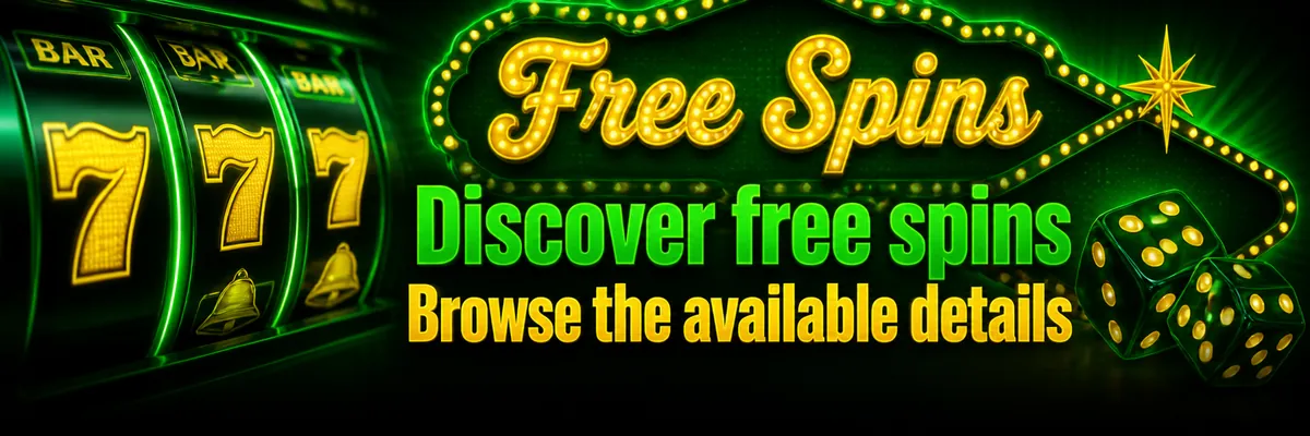 A fan of green-and-yellow casino reels and lucky dice introducing free spins.